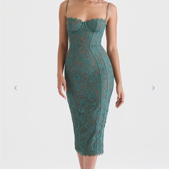 House of CB London Joelle Forest Lace Midi Dress Small Lined - Picture 3 of 11